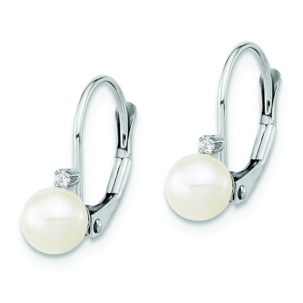 14K White Gold 5-6mm Round White FWC Pearl .02ct. Dia. Leverback Earrings - Image 2