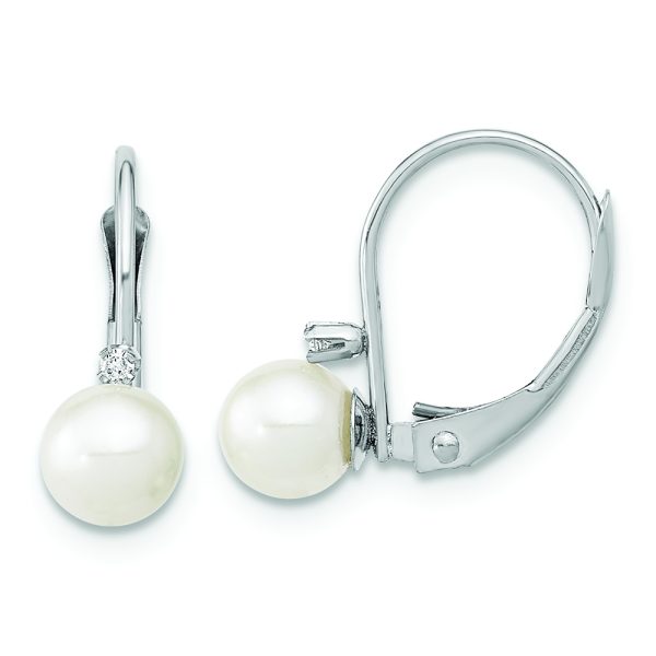 14K White Gold 5-6mm Round White FWC Pearl .02ct. Dia. Leverback Earrings