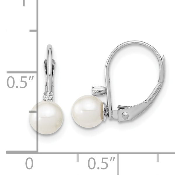 14K White Gold 5-6mm Round White FWC Pearl .02ct. Dia. Leverback Earrings - Image 3