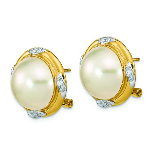 14K 13-14mm White Saltwater Mabe Pearl .16ct Dia. Omega Back Earrings - Image 2