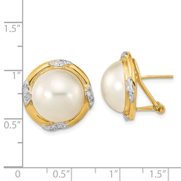 14K 13-14mm White Saltwater Mabe Pearl .16ct Dia. Omega Back Earrings - Image 3