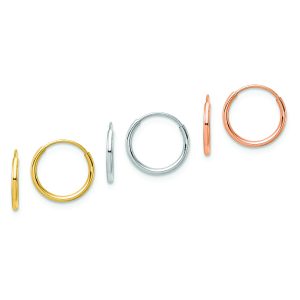 14K Tri Color 3-pair Hoop Earrings Set