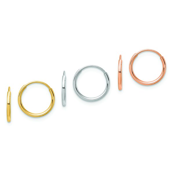 14K Tri Color 3-pair Hoop Earrings Set