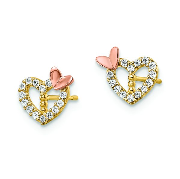 14k Two-tone CZ Heart w/Butterfly Post Earrings - Image 2