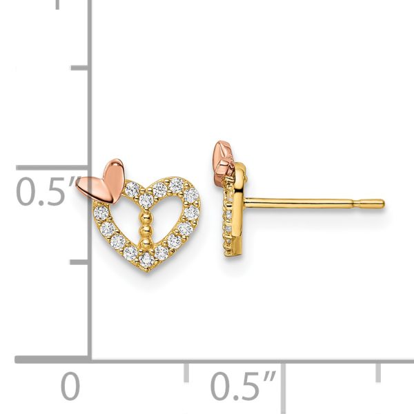 14k Two-tone CZ Heart w/Butterfly Post Earrings - Image 3