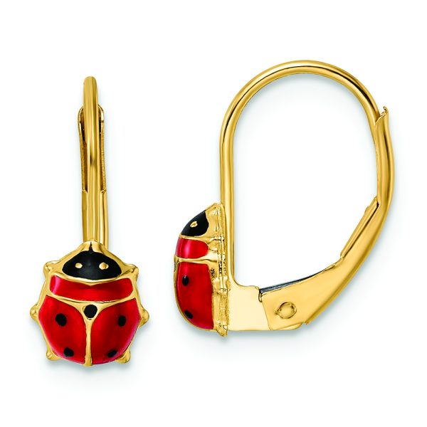 14k Polished Enameled Ladybug Leverback Earrings