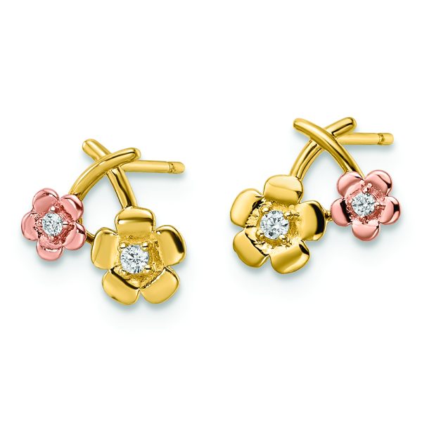 14k Two-tone CZ Flowers Post Earrings - Image 2