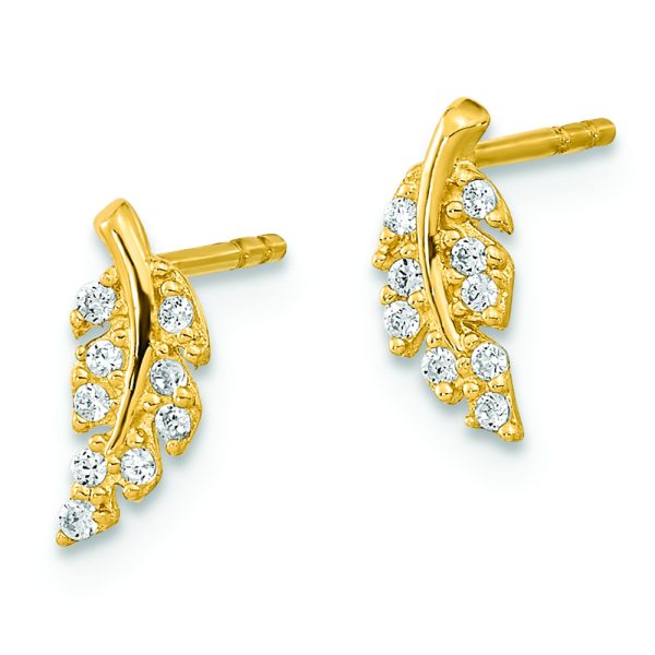 14K Polished Leaf CZ Post Earrings - Image 2