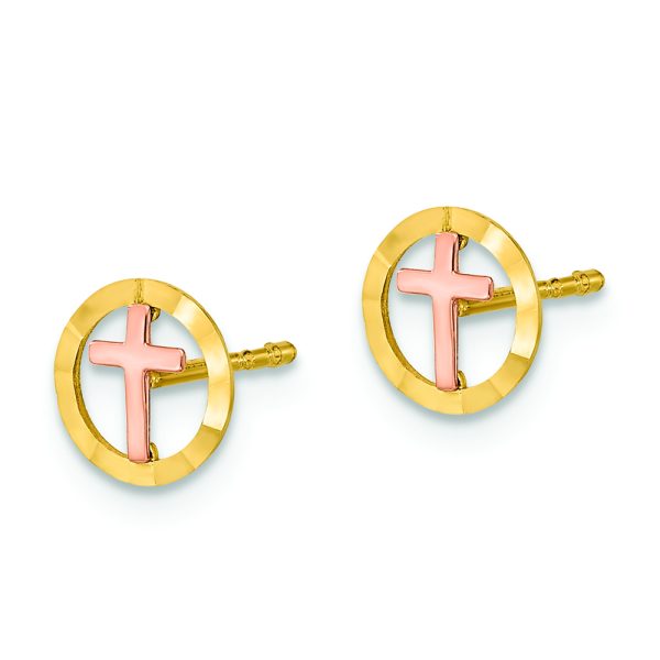 14K Two-tone Circle with Cross Post Earrings - Image 2