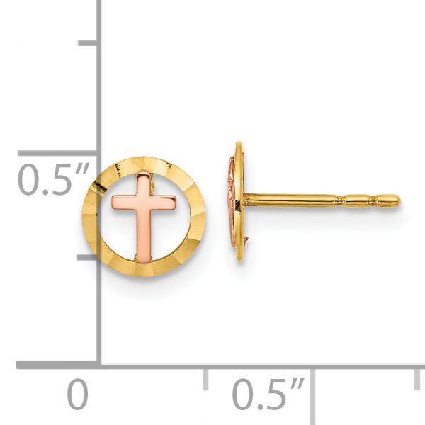 14K Two-tone Circle with Cross Post Earrings - Image 3