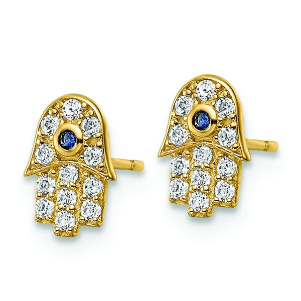 14k CZ & Blue Glass Stone Hamsa Post Earrings - Image 2