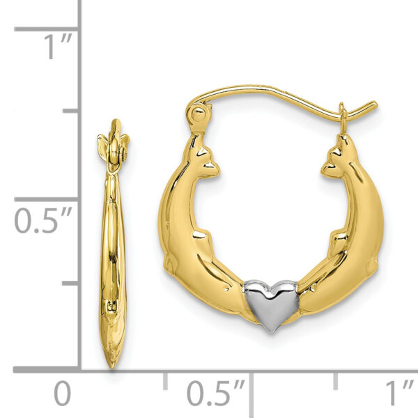 10K and Rhodium Dolphin Heart Hollow Hoop Earrings - Image 2