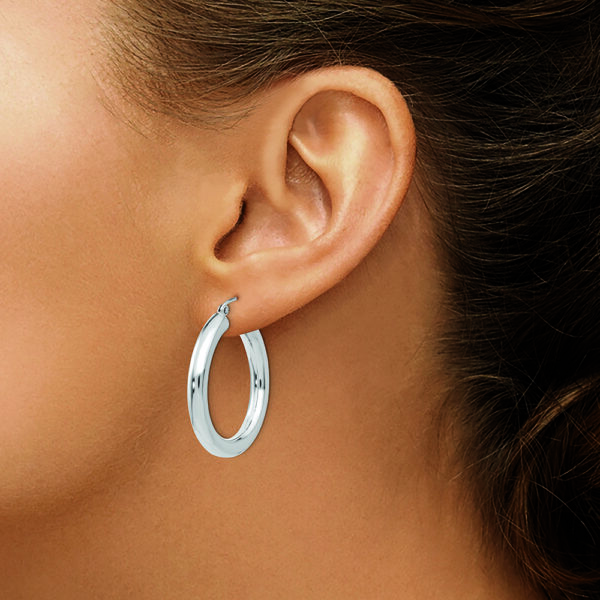 10K White Gold Polished 4mm Tube Hoop Earrings - Image 3