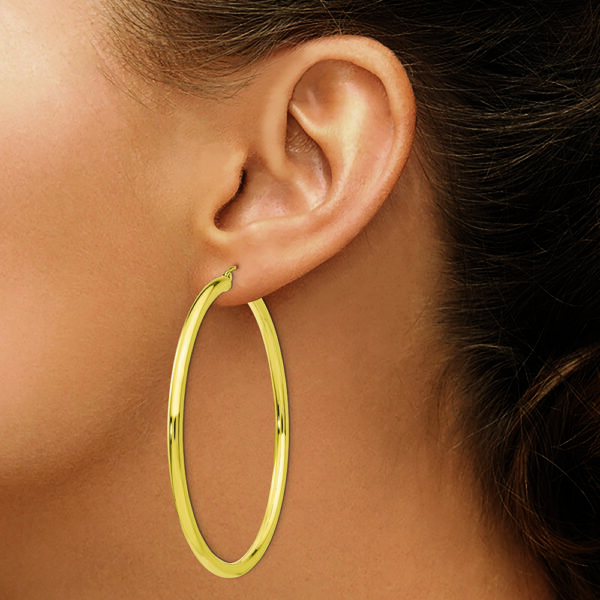 10K Polished 3mm Tube Hoop Earrings - Image 3
