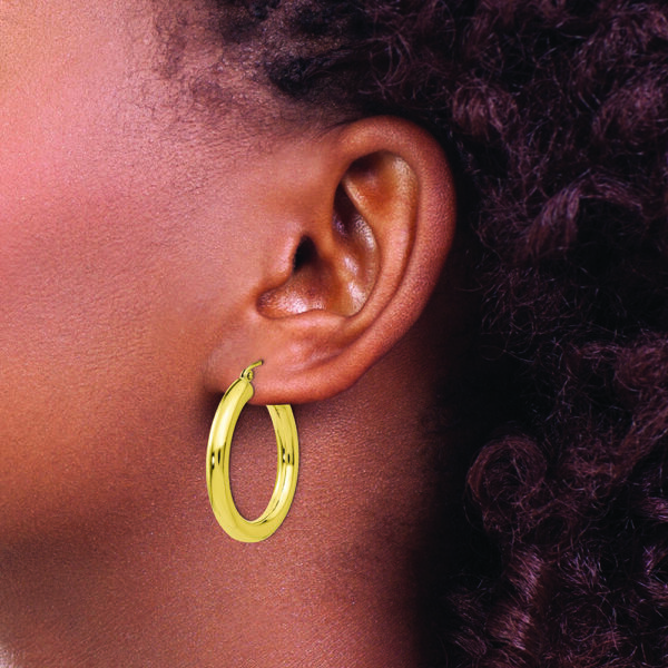 10K Polished 4mm Tube Hoop Earrings - Image 3