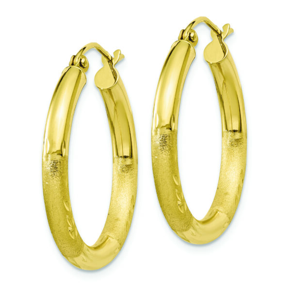 10k Satin & Diamond-cut 3mm Round Hoop Earrings - Image 2