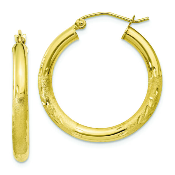 10k Satin & Diamond-cut 3mm Round Hoop Earrings