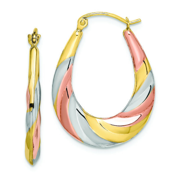 10K and Rhodium Oval Scalloped Hollow Hoop Earrings