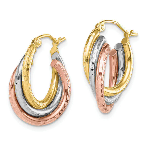 10k Tri-color Diamond-cut Triple Hoop Earrings - Image 2