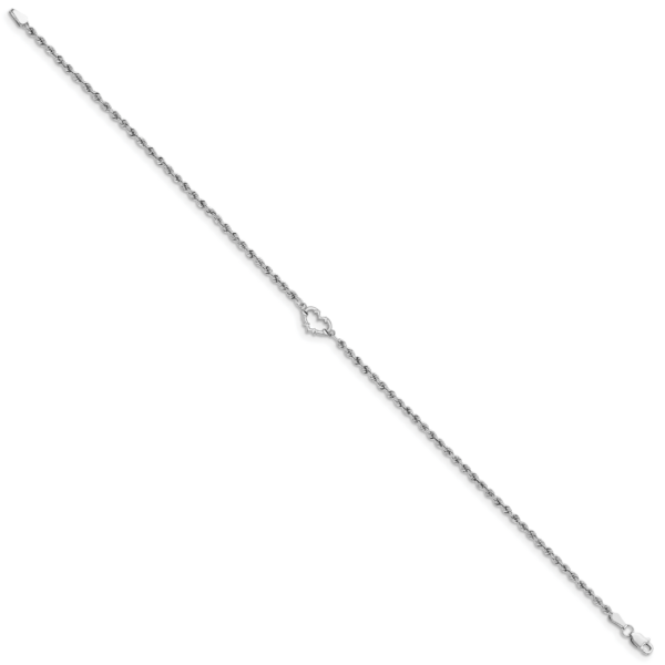 14k White Gold Diamond-cut Hollow Rope with Heart 9in Anklet - Image 2