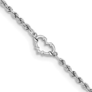 14k White Gold Diamond-cut Hollow Rope with Heart 9in Anklet