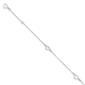 14K White Gold Fancy Heart 9in Plus 1in ext. Anklet