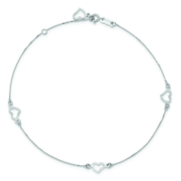 14K White Gold Fancy Heart 9in Plus 1in ext. Anklet - Image 4