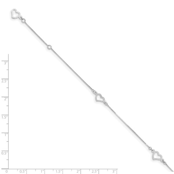 14K White Gold Fancy Heart 9in Plus 1in ext. Anklet - Image 3