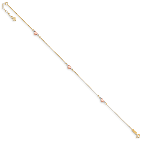 14k Tri-Color Puffed Heart 10in Plus 1in ext Anklet - Image 2