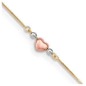 14k Tri-Color Puffed Heart 10in Plus 1in ext Anklet