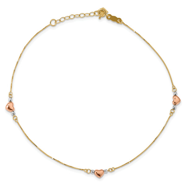 14k Tri-Color Puffed Heart 10in Plus 1in ext Anklet - Image 3