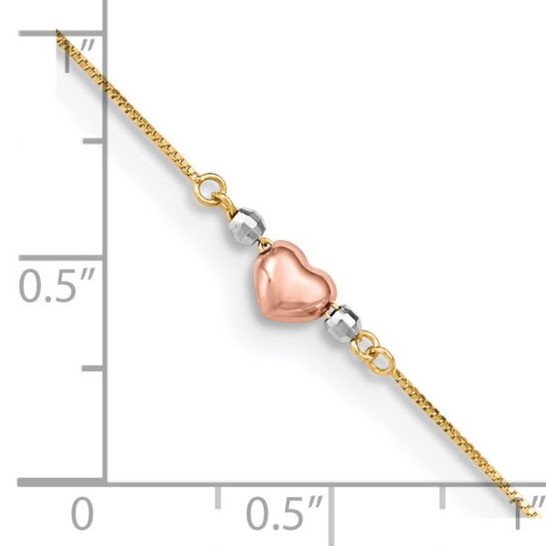 14k Tri-Color Puffed Heart 10in Plus 1in ext Anklet - Image 4