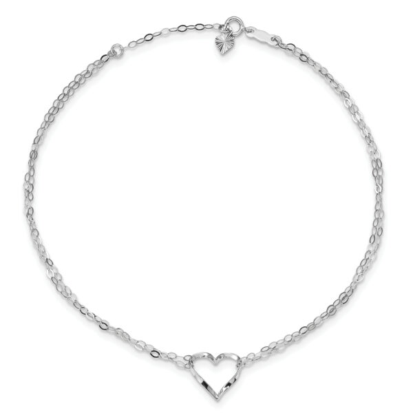 14k White Gold Double Strand Heart 10in Plus 1in ext. Anklet - Image 3