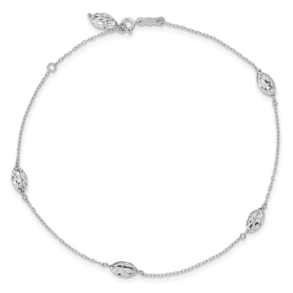 14k White Gold Puffed Rice Bead 10in Plus 1in ext. Anklet - Image 3