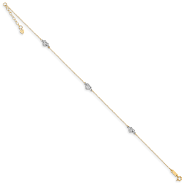 14k Two-tone Puff Heart 10in Plus 1in ext Anklet - Image 2
