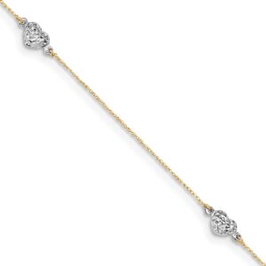 14k Two-tone Puff Heart 10in Plus 1in ext Anklet