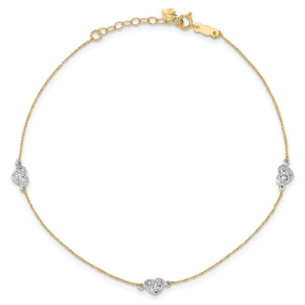 14k Two-tone Puff Heart 10in Plus 1in ext Anklet - Image 3