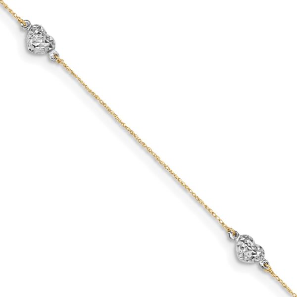 14k Two-tone Puff Heart 10in Plus 1in ext Anklet