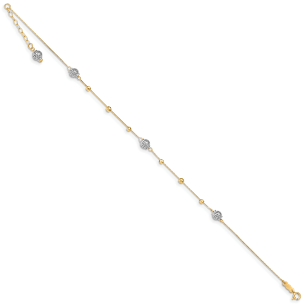 14k Two-tone Beads 9in Plus 1in ext. Anklet - Image 2
