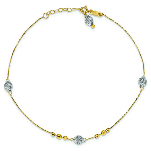 14k Two-tone Beads 9in Plus 1in ext. Anklet - Image 4