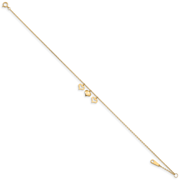 14k 3 Hearts 10inch Plus 1 inch Extension Anklet - Image 2