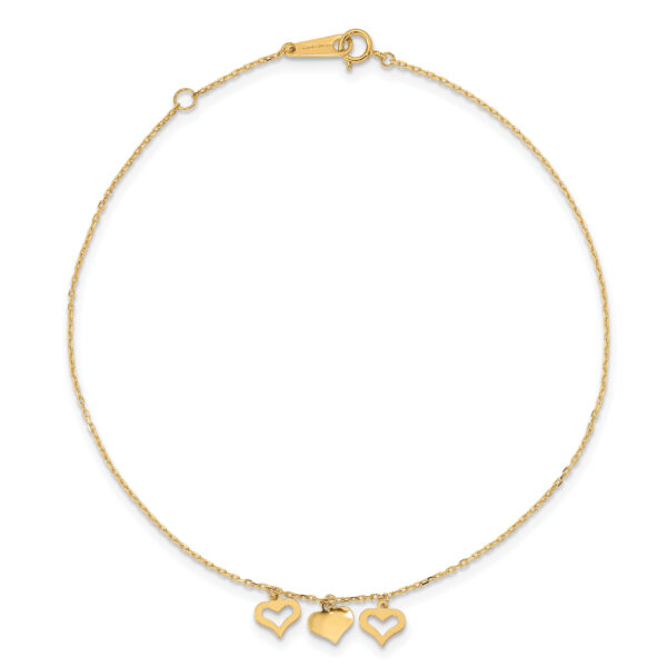 14k 3 Hearts 10inch Plus 1 inch Extension Anklet - Image 3