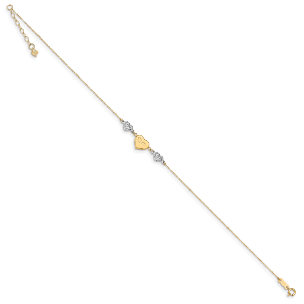 14K Two-tone Diamond-cut Puffed Hearts MOM 10in Plus 1in ext Anklet - Image 2