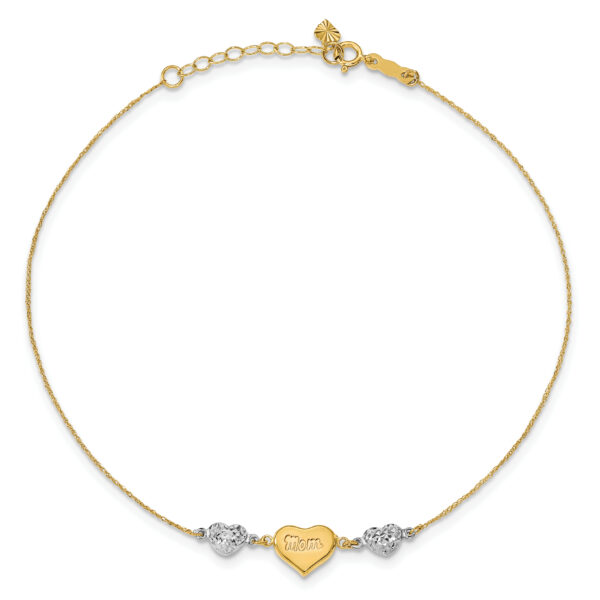 14K Two-tone Diamond-cut Puffed Hearts MOM 10in Plus 1in ext Anklet - Image 3