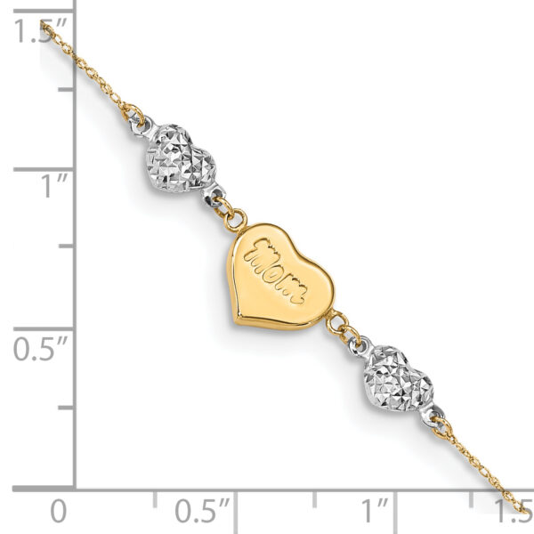 14K Two-tone Diamond-cut Puffed Hearts MOM 10in Plus 1in ext Anklet - Image 4