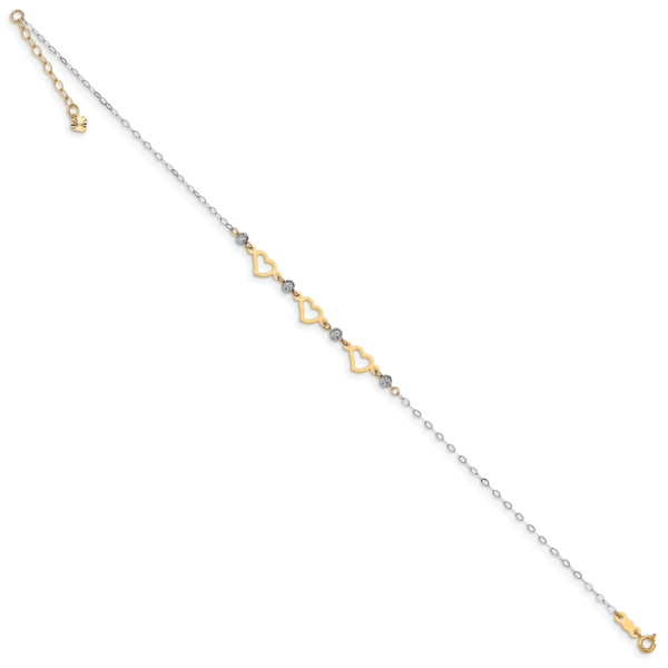 14K Two-tone Oval Link Diamond-cut Beads and Heart 9in Plus 1in Ext Anklet - Image 2