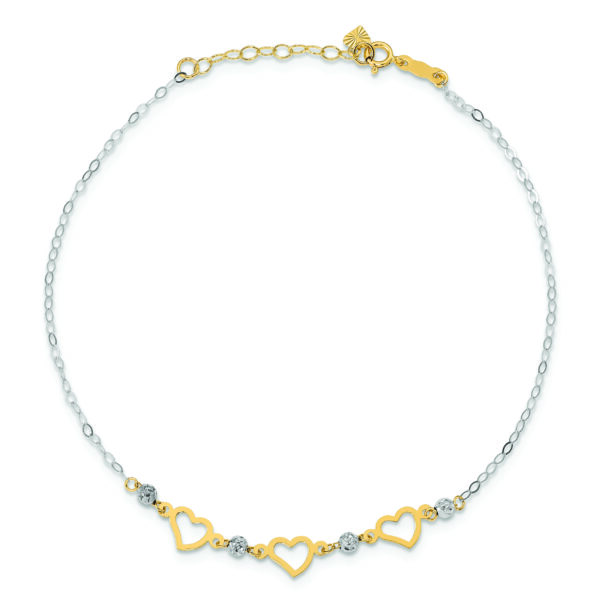 14K Two-tone Oval Link Diamond-cut Beads and Heart 9in Plus 1in Ext Anklet - Image 4