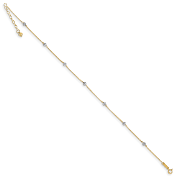 14K Two-tone Diamond-cut Beads 9in Plus 1in Ext. Anklet - Image 2