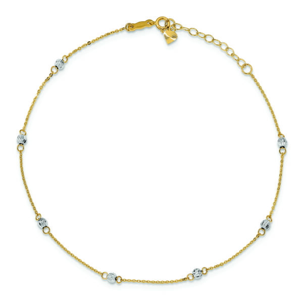 14K Two-tone Diamond-cut Beads 9in Plus 1in Ext. Anklet - Image 4
