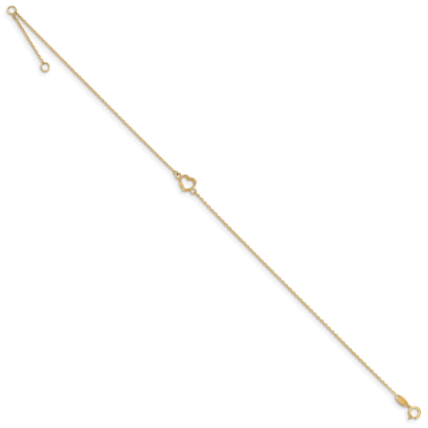 14K Textured and Polished Heart 9in Plus 1in ext Anklet - Image 2